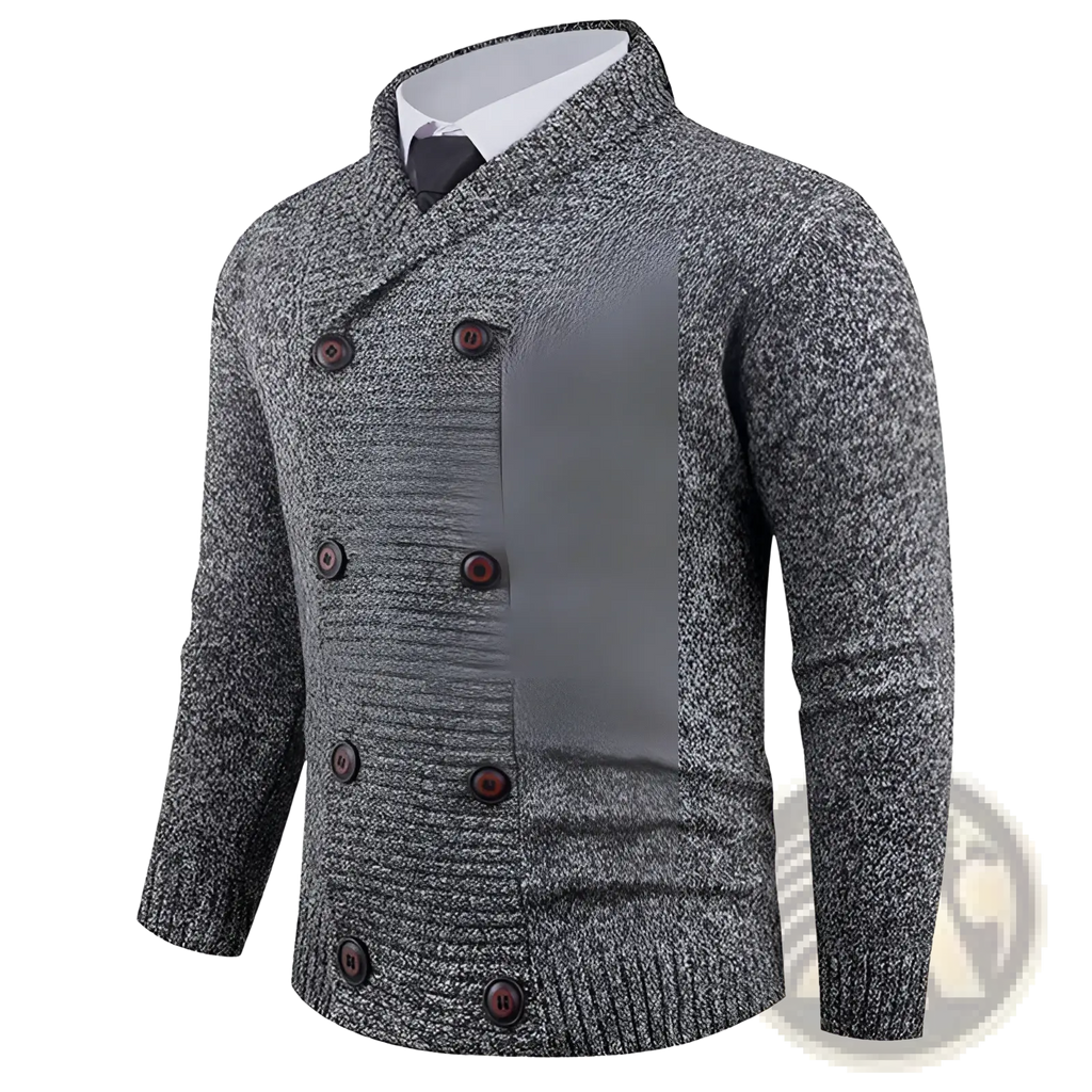 Men’s double-breasted gray knit cardigan with textured fabric and dark brown buttons for stylish layering