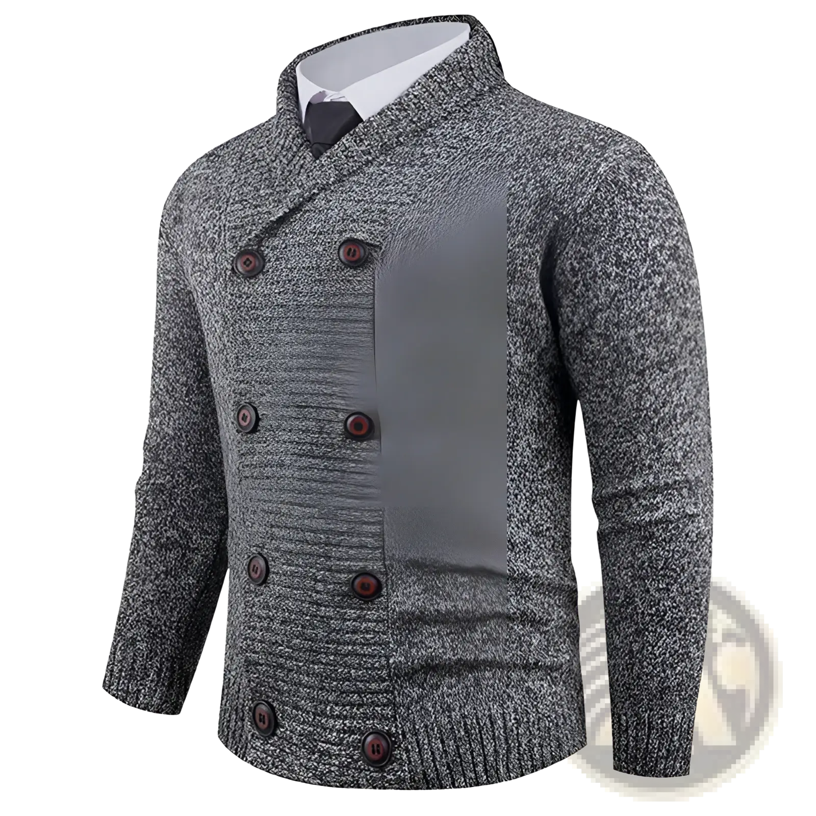 Men’s double-breasted gray knit cardigan with textured fabric and dark brown buttons for stylish layering