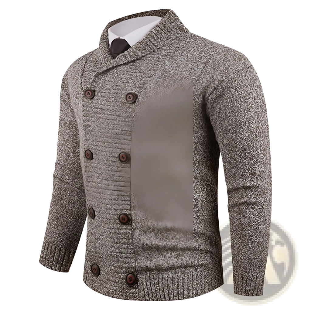 Men’s double-breasted knit cardigan in heather gray with dark brown buttons and ribbed cuffs