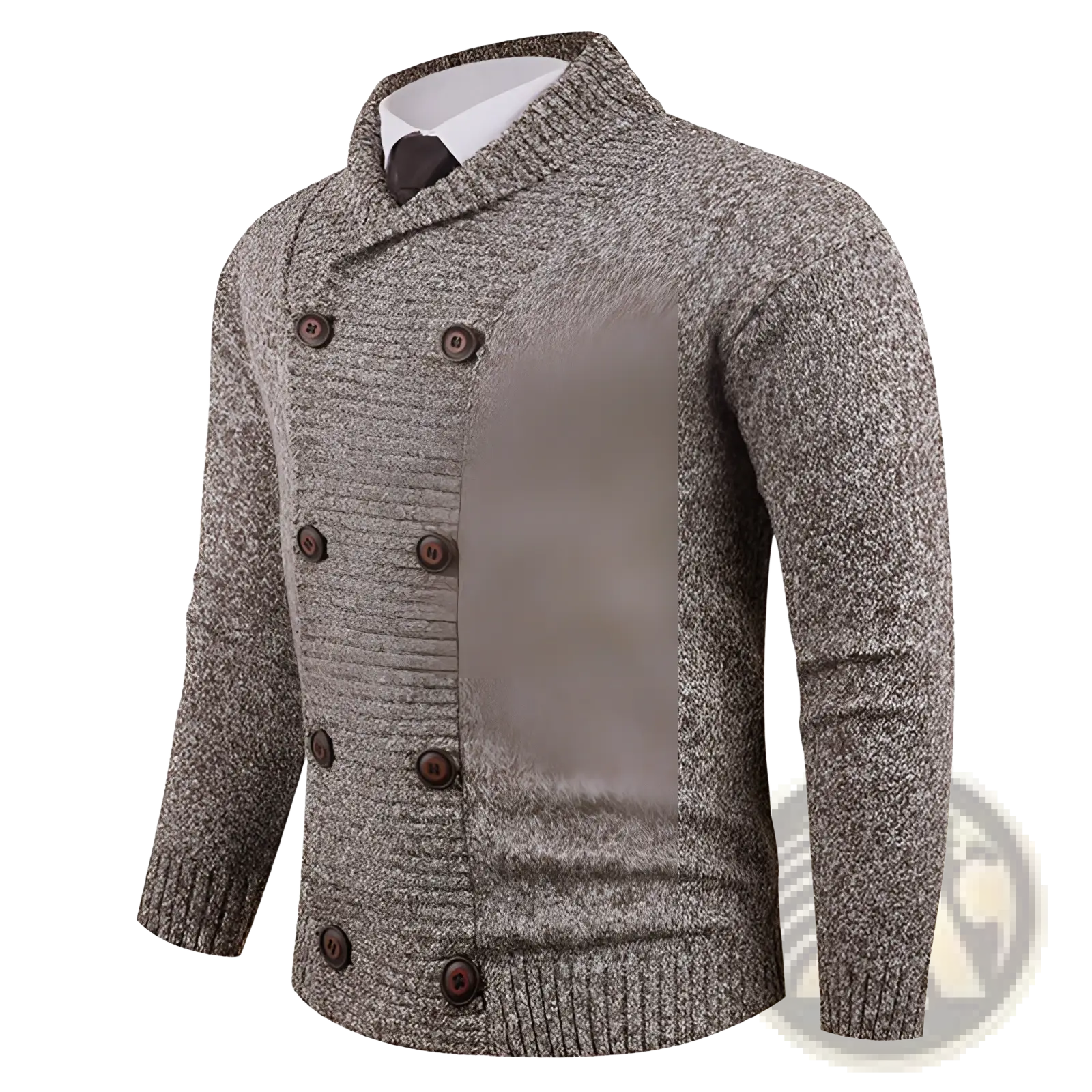 Men’s double-breasted knit cardigan in heather gray with dark brown buttons and ribbed cuffs