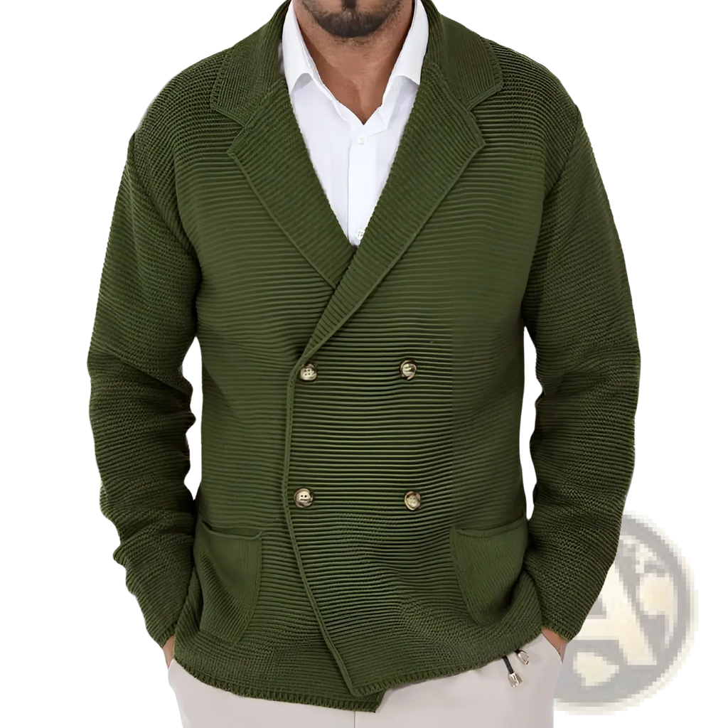 Men’s double breasted knit cardigan sweater in olive green with textured knitting and metal buttons
