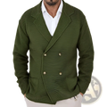 Men’s double breasted knit cardigan sweater in olive green with textured knitting and metal buttons