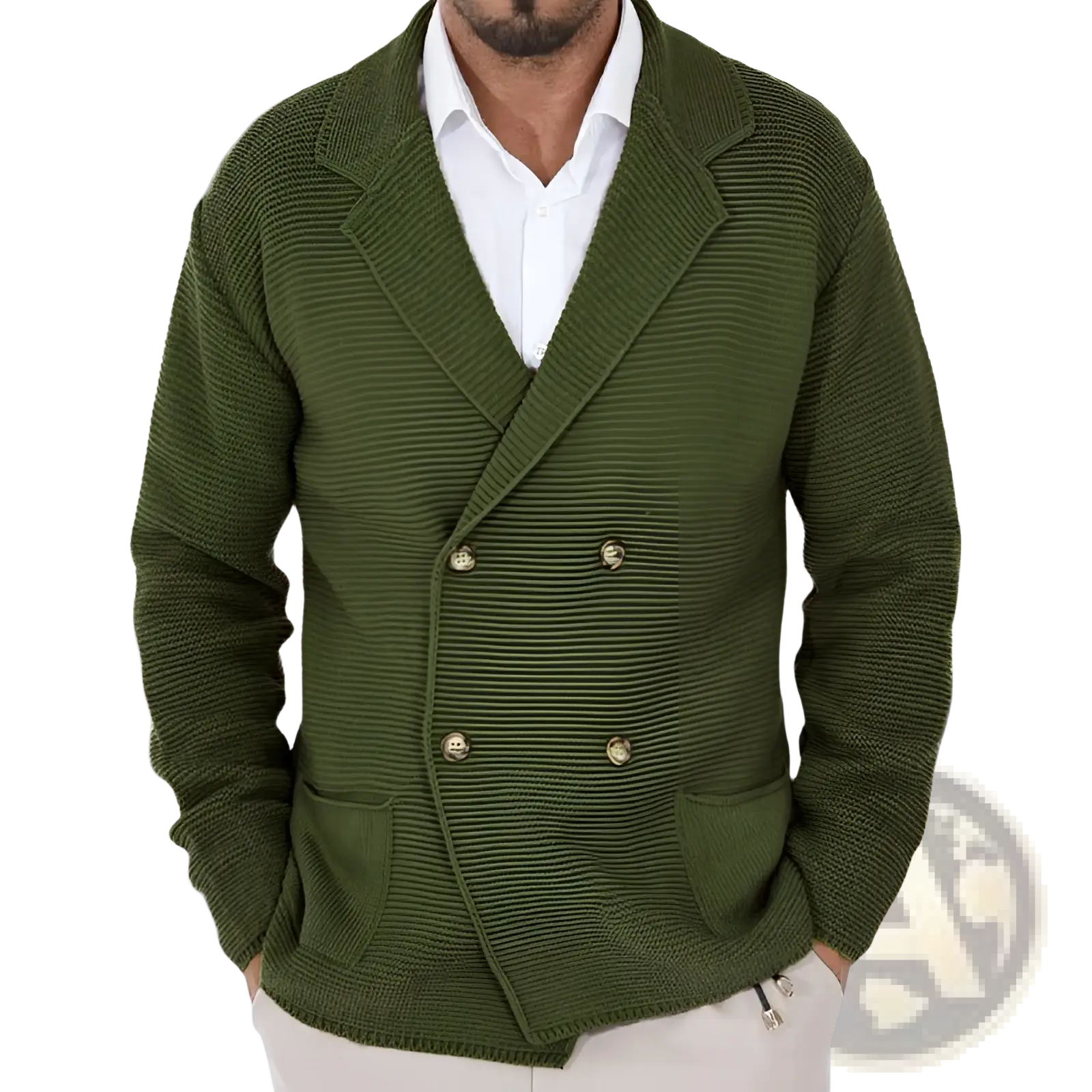 Men’s double breasted knit cardigan sweater in olive green with textured knitting and metal buttons