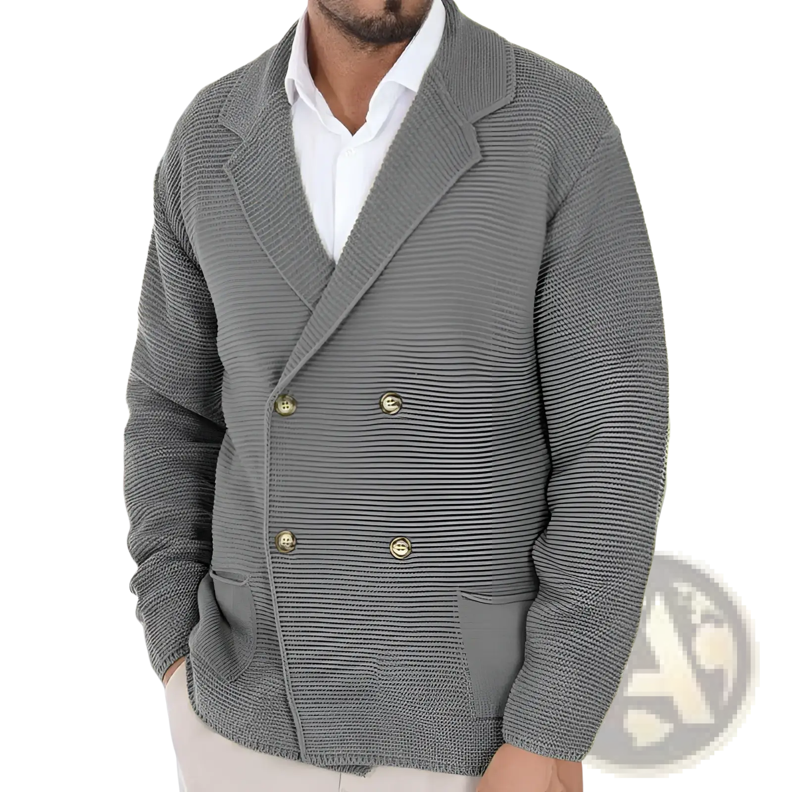 Men’s gray double breasted knit cardigan sweater with textured weave and gold toned buttons for stylish layering