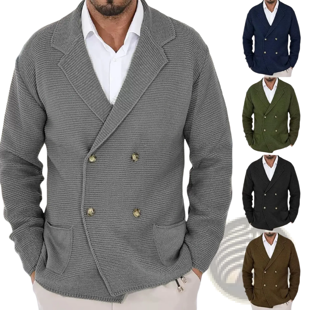 Men’s gray double breasted knit cardigan sweater with textured weave and matching buttons in a soft knit fabric