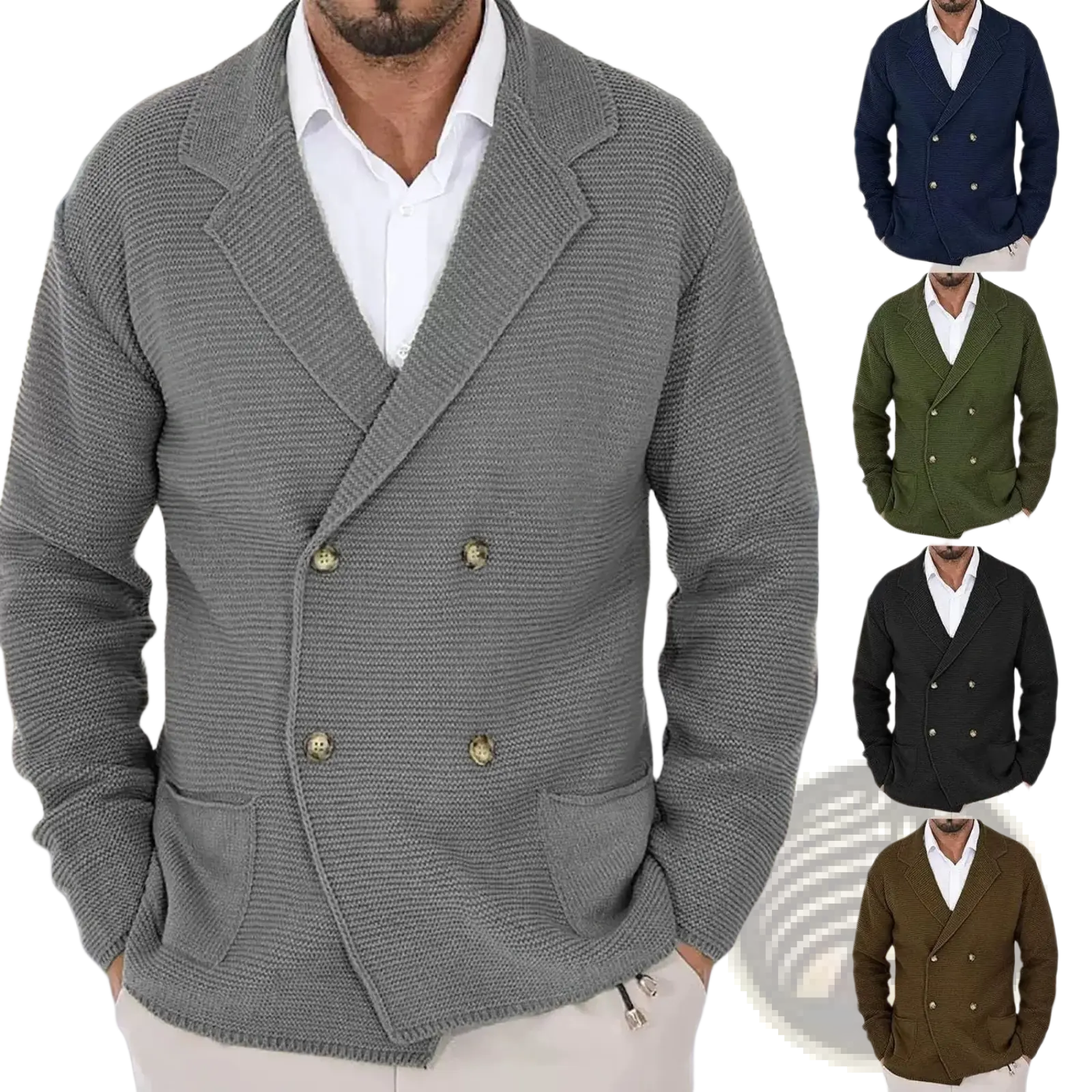 Men’s gray double breasted knit cardigan sweater with textured weave and matching buttons in a soft knit fabric