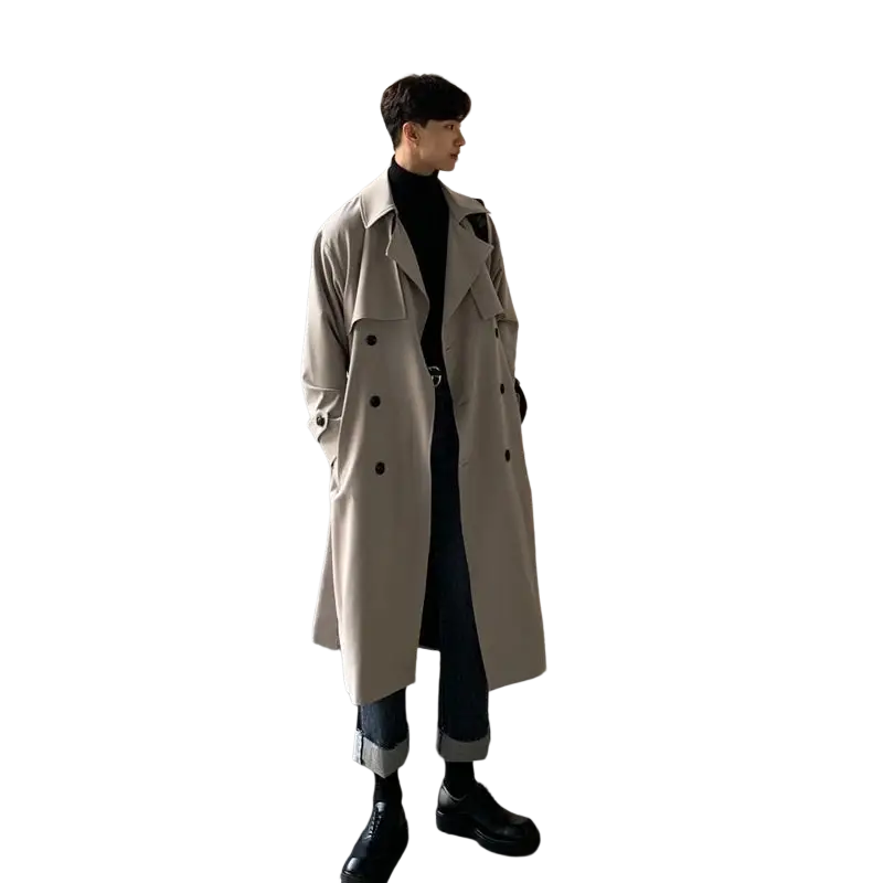 Beige men’s double breasted long trench coat with classic collar and durable fabric for stylish outerwear