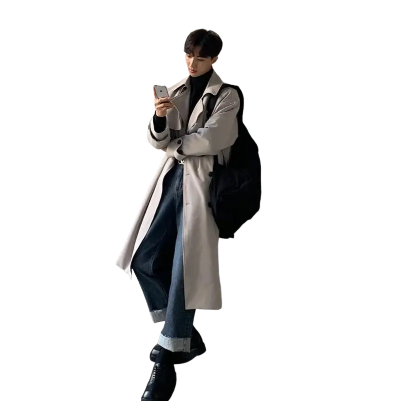 Men’s beige double breasted long trench coat with black buttons and classic design ideal for formal wear