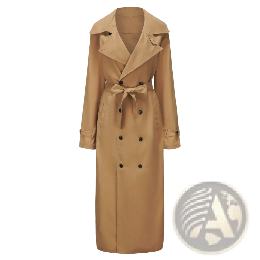 Men’s double breasted long trench coat in beige with belted waist and black buttons for formal outerwear