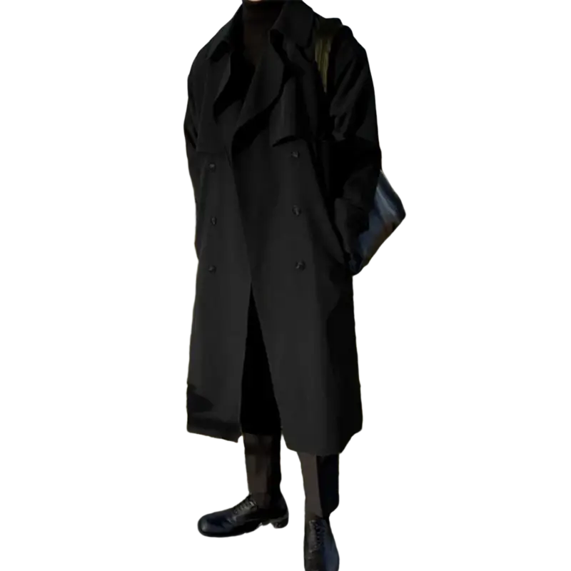 Men’s black double breasted long trench coat with classic collar and buttoned front in durable fabric