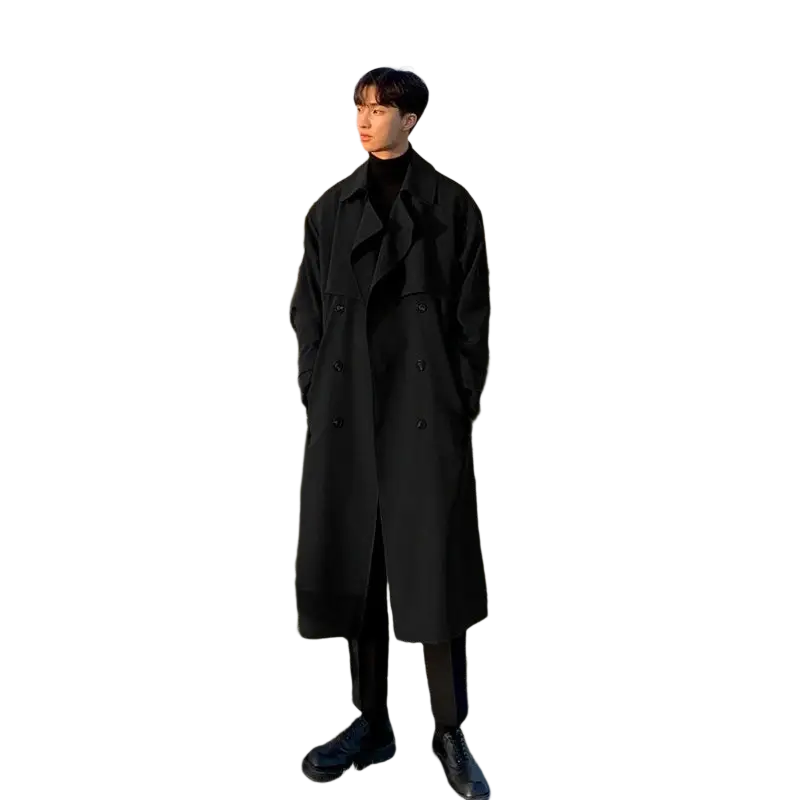 Men’s black double breasted long trench coat made of durable fabric suitable for formal and casual wear shown from the back
