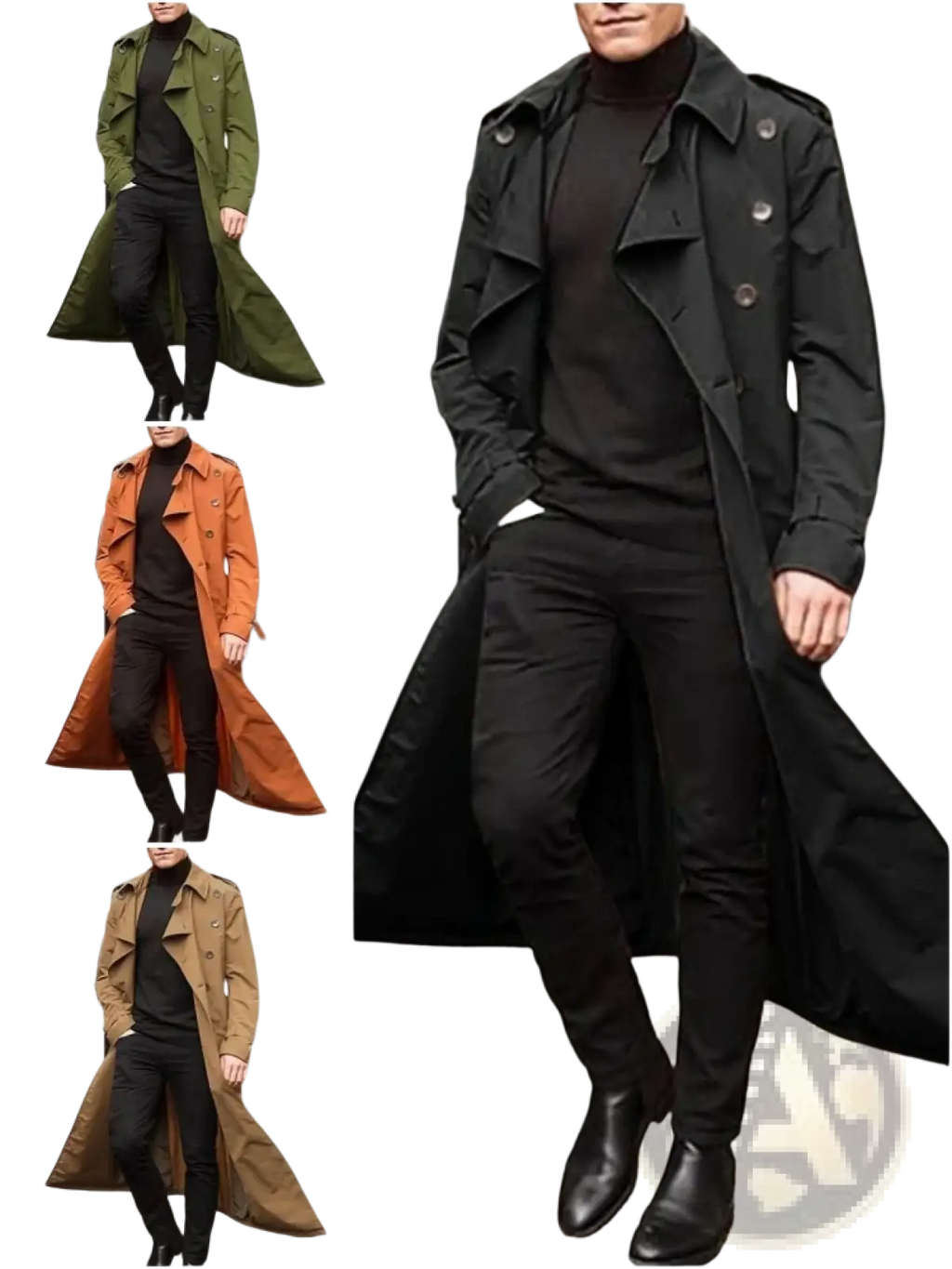 Men’s black double breasted long trench coat with classic military inspired design and button details