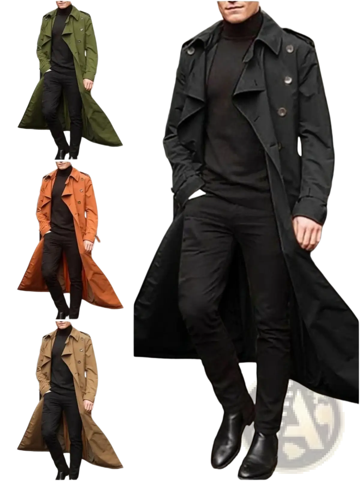 Men’s black double breasted long trench coat with classic military inspired design and button details