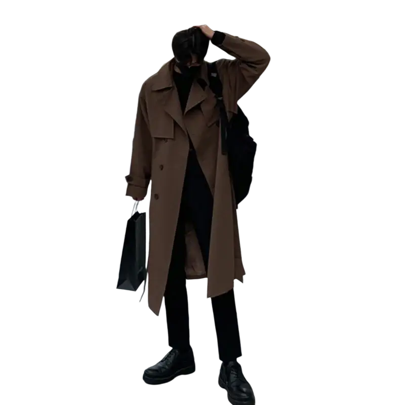 Men’s double breasted long trench coat in brown featuring a classic design with epaulets and durable fabric