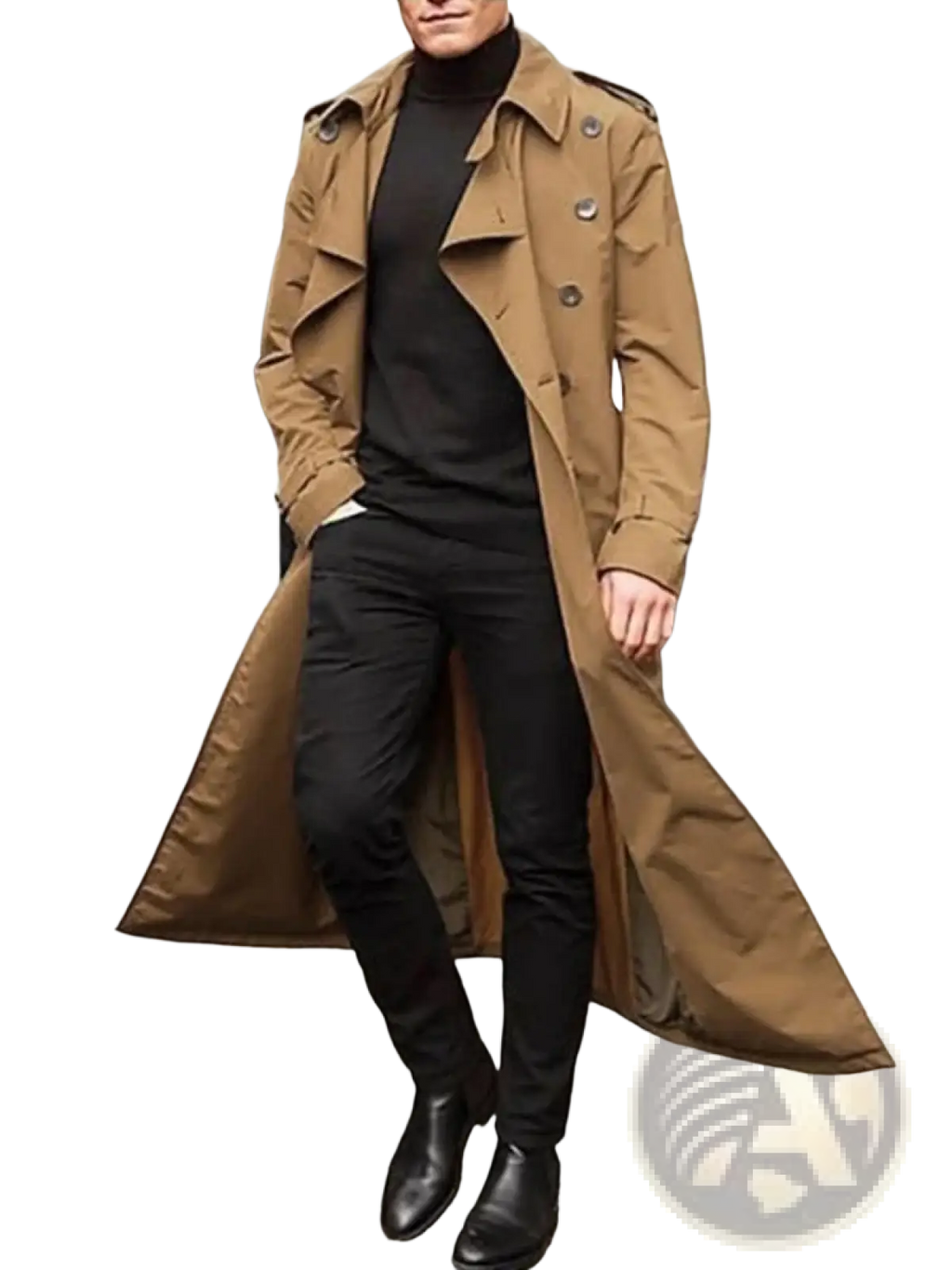 Men’s double breasted long tan trench coat featuring epaulets and storm cuffs in classic design