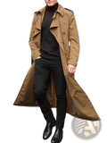 Men’s double breasted long tan trench coat featuring epaulets and storm cuffs in classic design