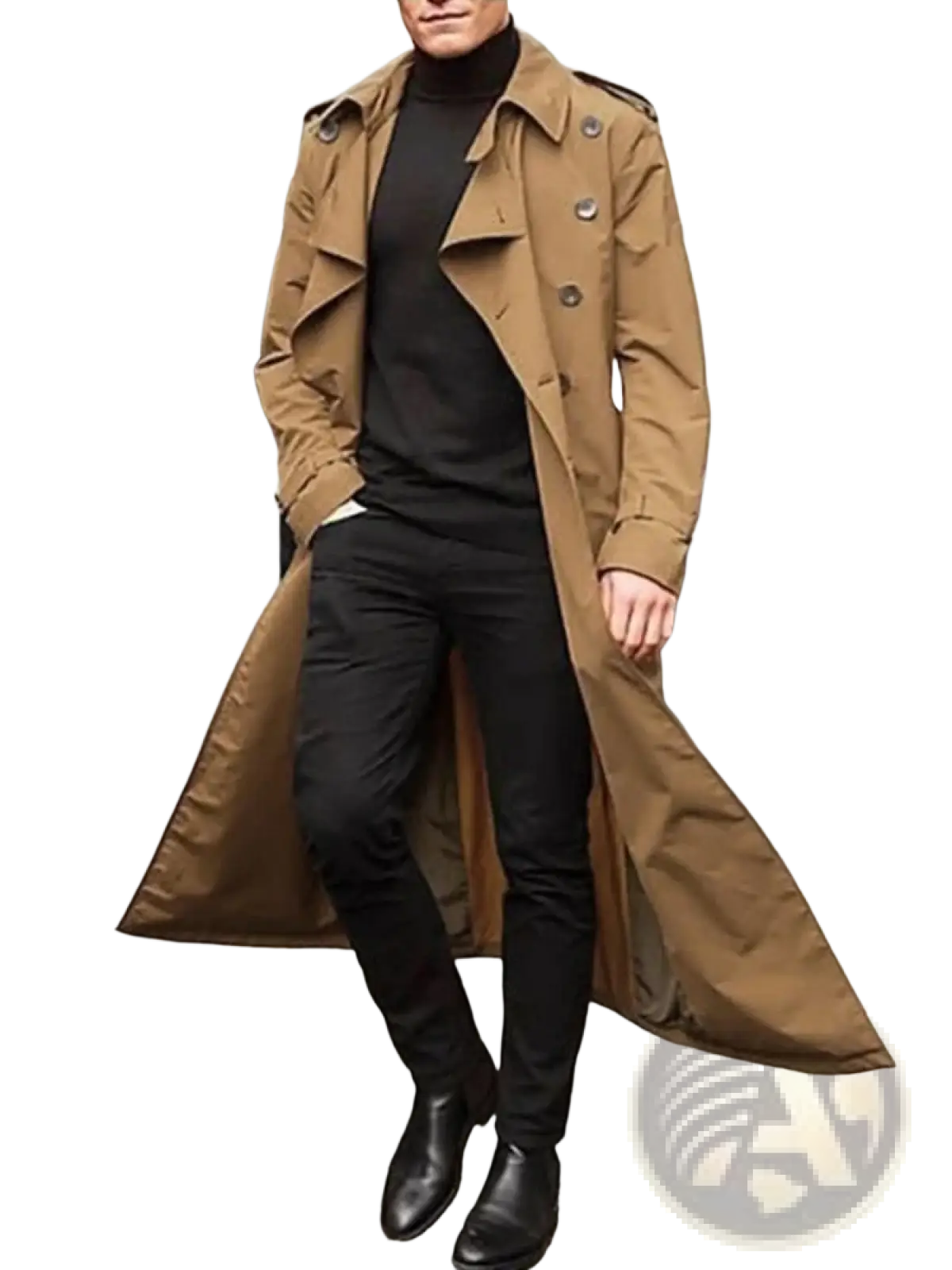 Men’s double breasted long tan trench coat featuring epaulets and storm cuffs in classic design