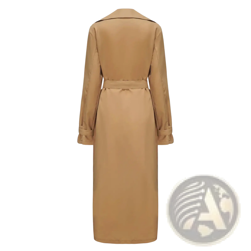 Men’s double breasted long trench coat in tan with a belted waist and rolled up cuffs made from durable fabric