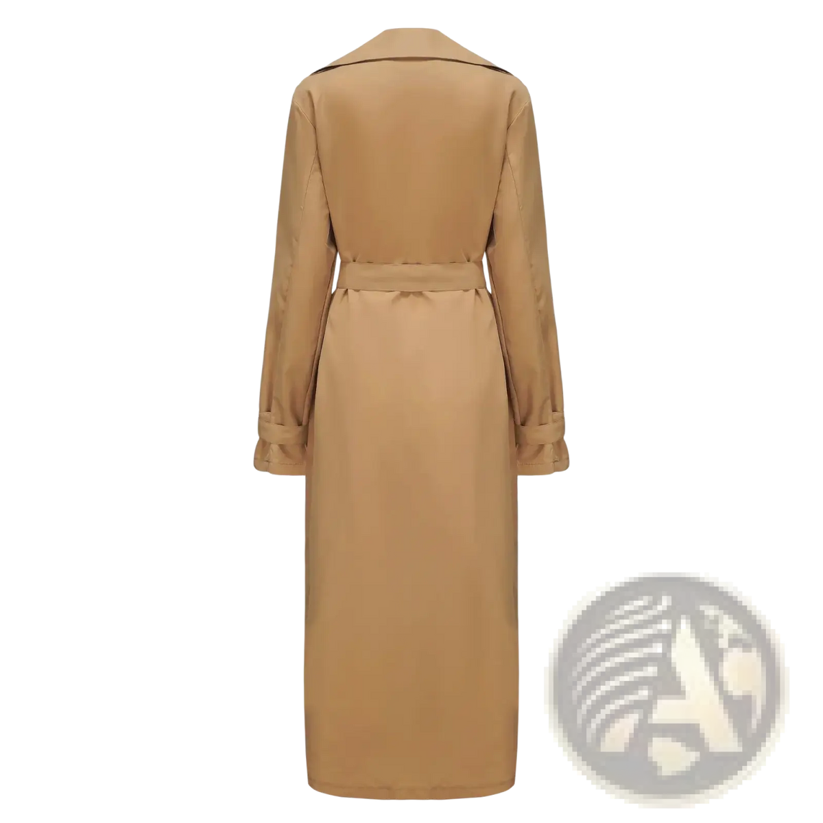 Men’s double breasted long trench coat in tan with a belted waist and rolled up cuffs made from durable fabric