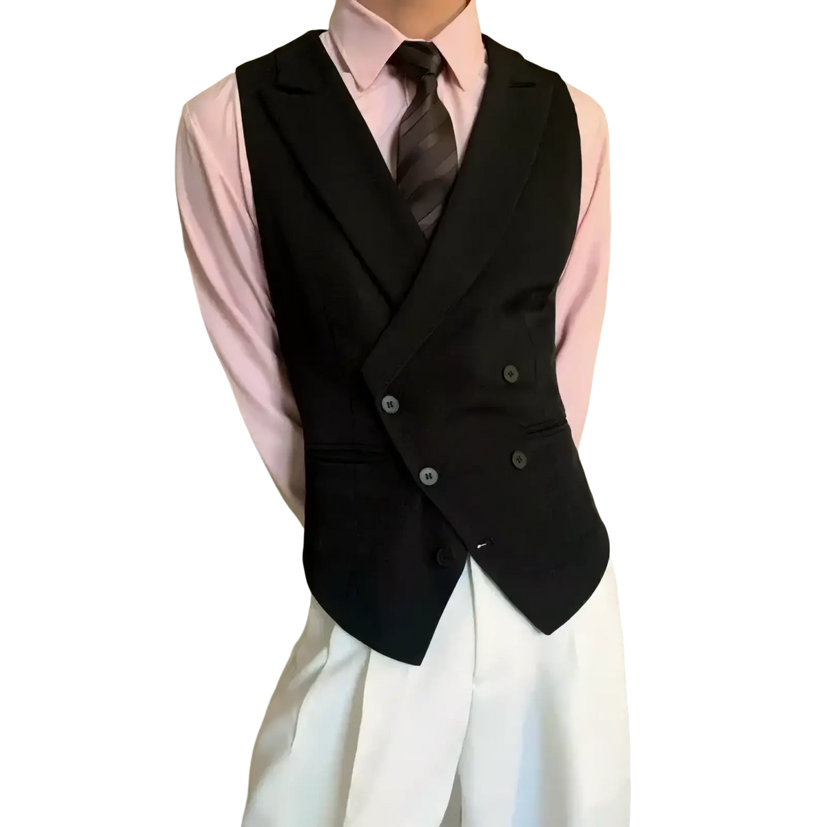 Mens double breasted slim fit black vest with notched lapels and silver buttons for formal occasions