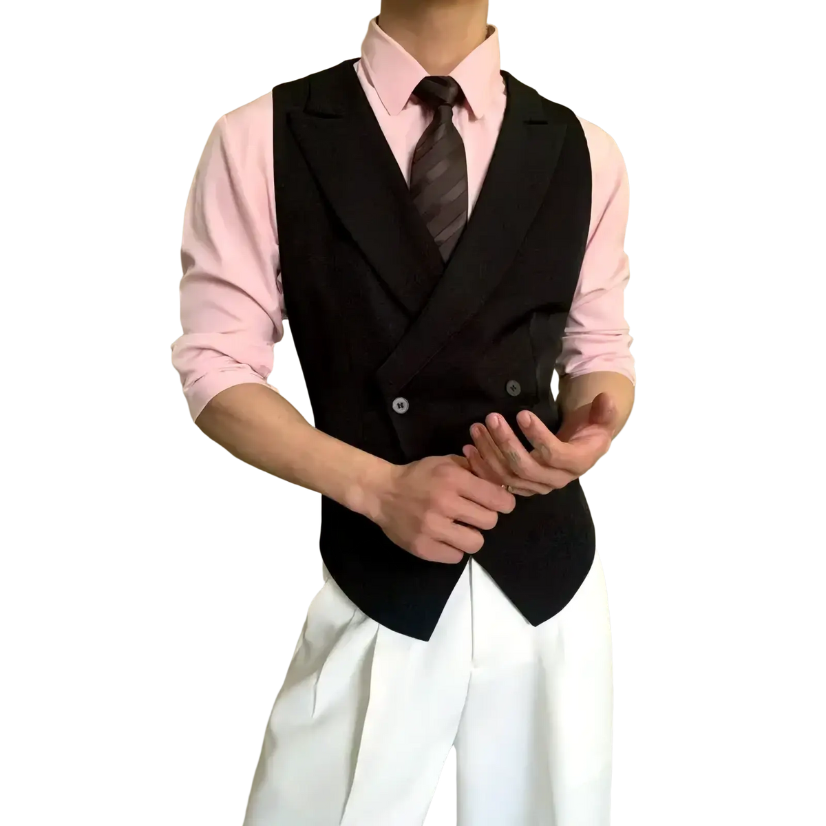 Mens double breasted suit vest slim fit black with notched lapels and two front buttons in premium fabric