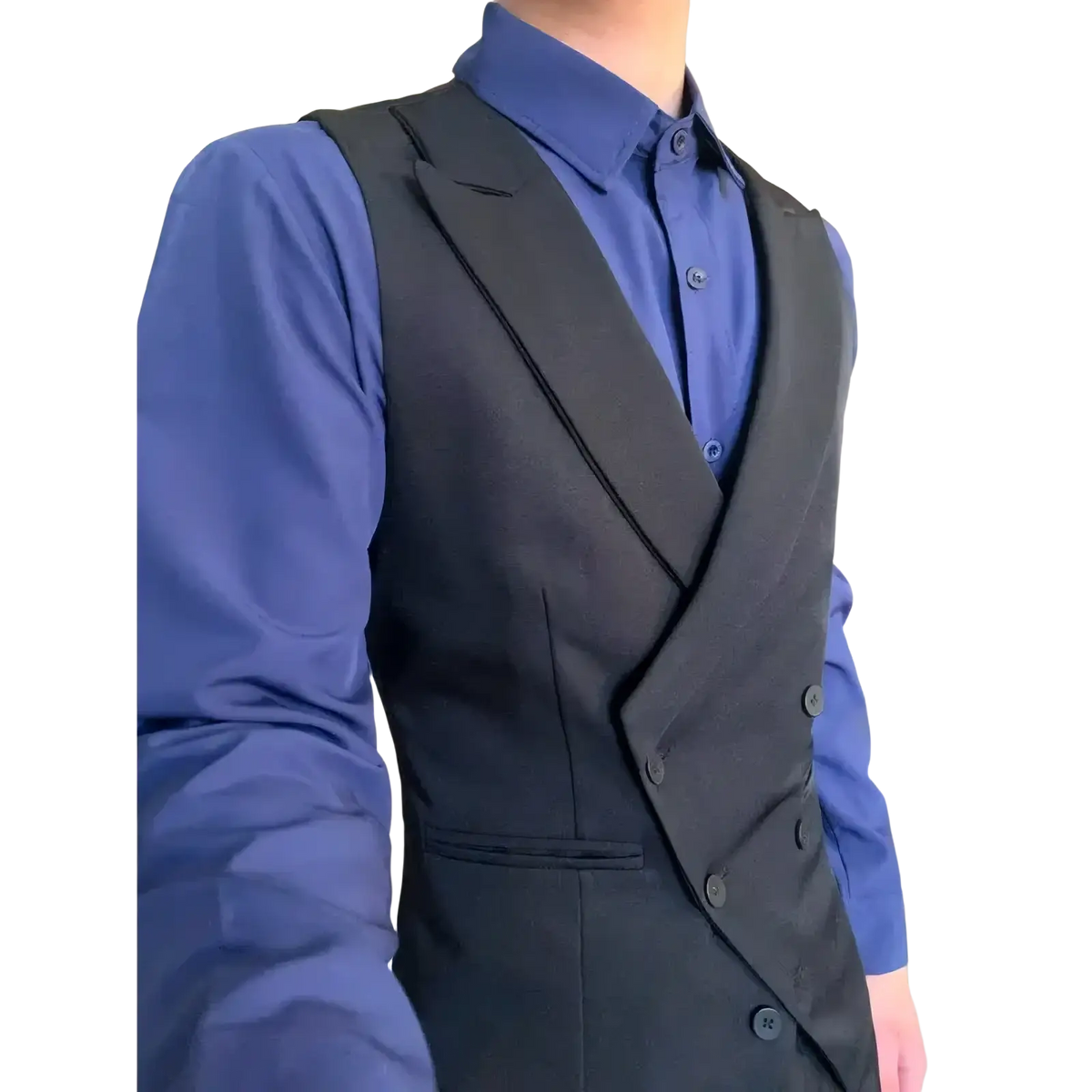 Mens double breasted slim fit black suit vest with notched lapels and matching buttons in formal fabric