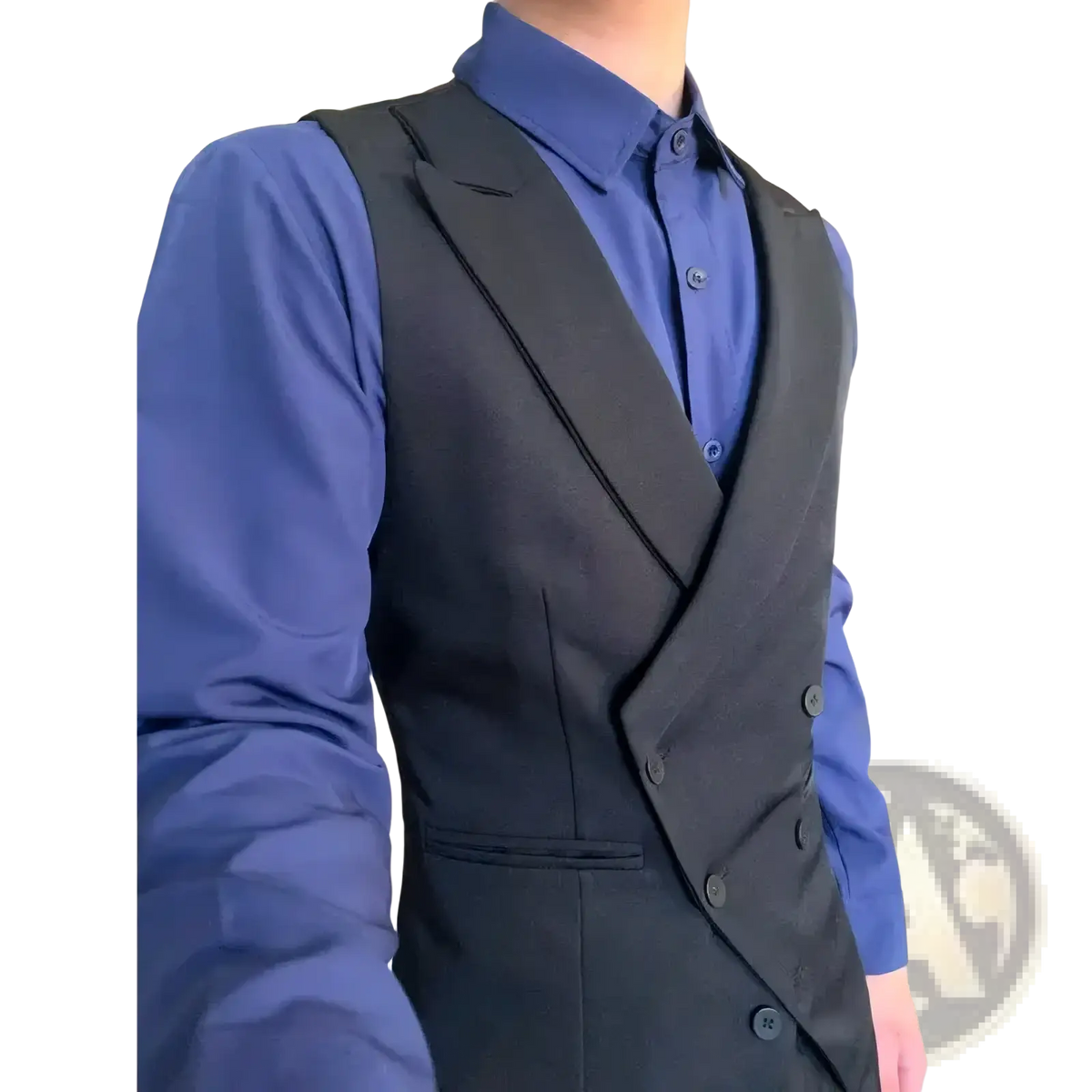Mens double breasted slim fit black suit vest with notched lapels and matching buttons in formal fabric