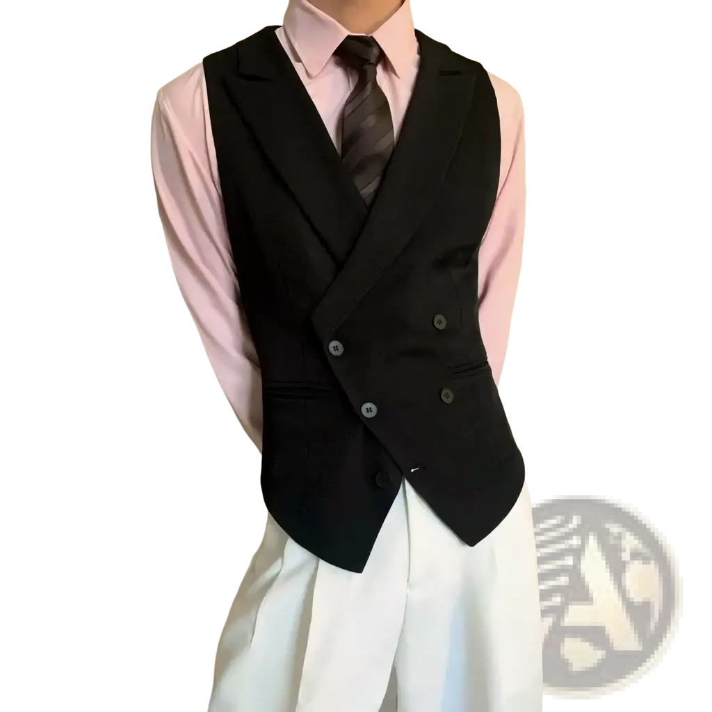 Mens double breasted slim fit black vest with notched lapels and silver buttons for formal occasions
