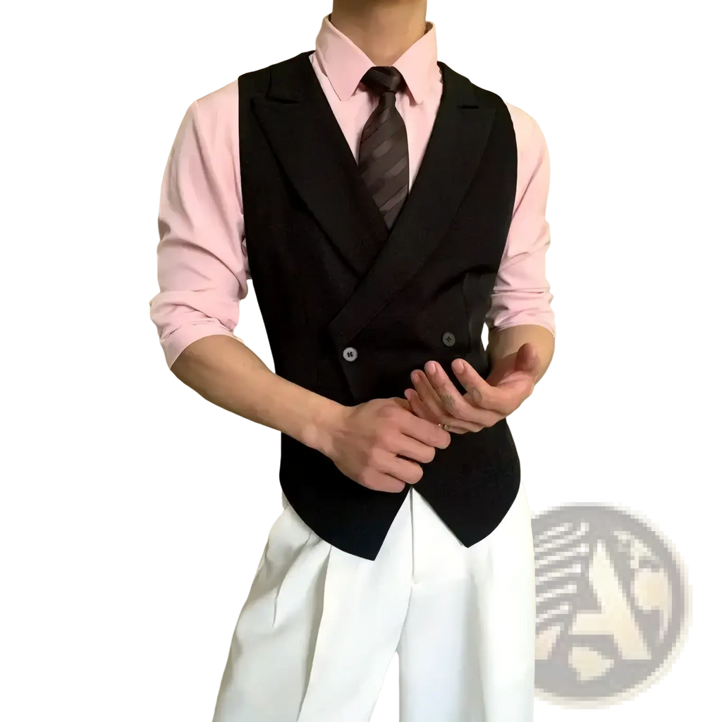 Mens double breasted suit vest slim fit black with notched lapels and two front buttons in premium fabric