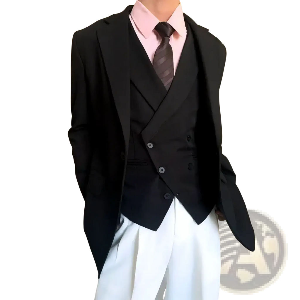 Mens double breasted slim fit black suit vest with silver buttons and a tailored sleek fit