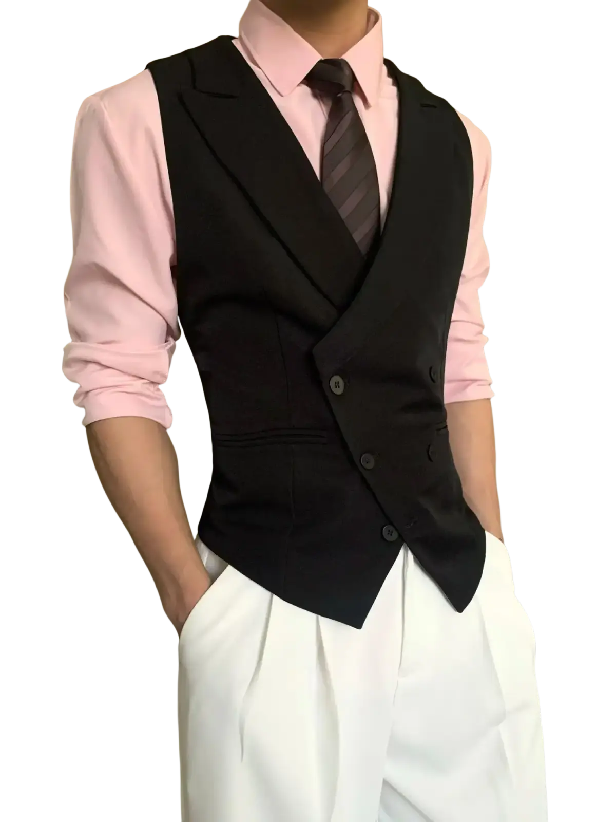 Mens double breasted slim fit black waistcoat with notched lapels and three buttons over a pink dress shirt