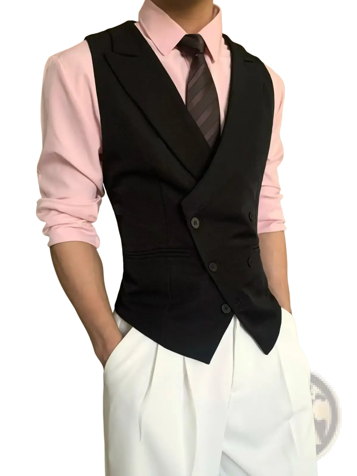Mens double breasted slim fit black waistcoat with notched lapels and three buttons over a pink dress shirt