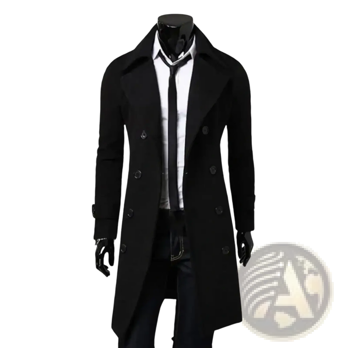 Men’s black double-breasted wool trench coat with classic collar and matching buttons for formal outerwear