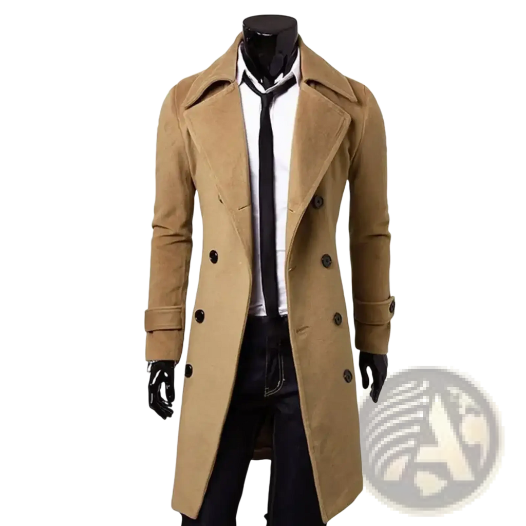 Men’s double-breasted wool trench coat in tan with black buttons and notched lapels for formal wear