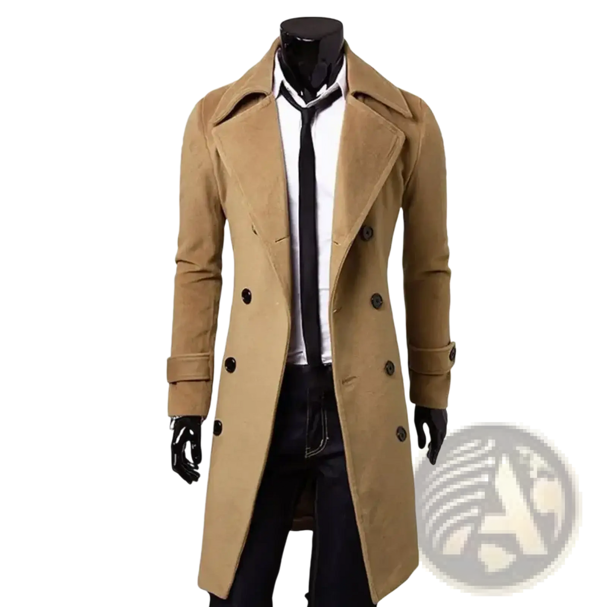 Men’s double-breasted wool trench coat in tan with black buttons and notched lapels for formal wear
