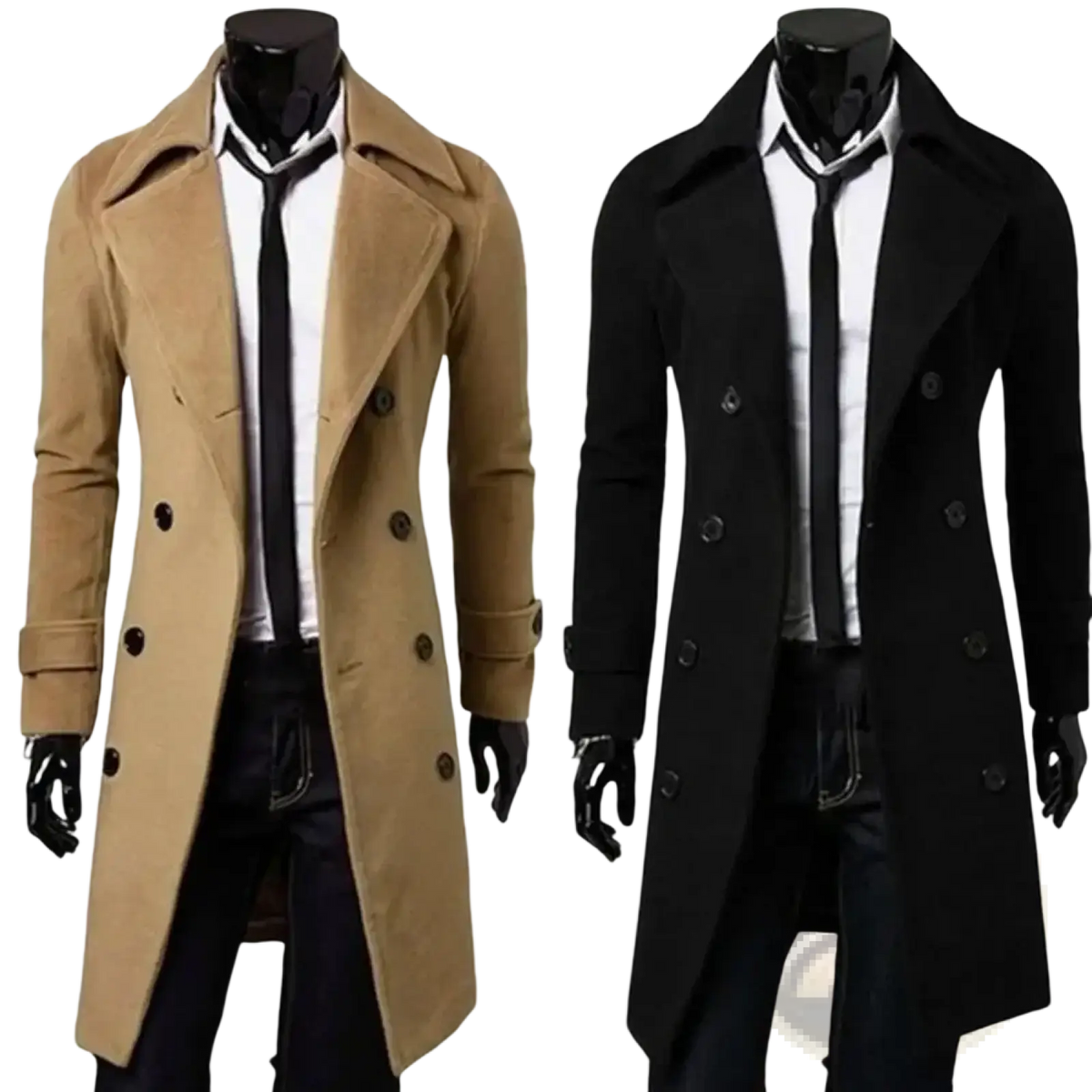 Men’s double-breasted wool trench coats in camel and black tweed with classic notched lapels and dark buttons