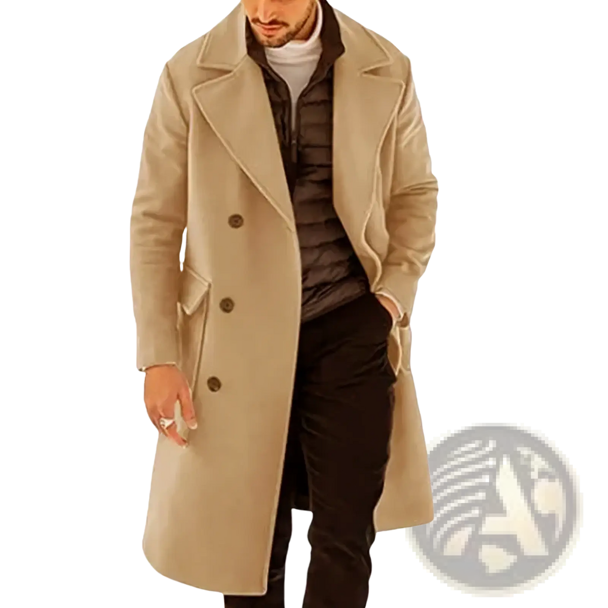 Men’s double breasted beige woolen coat with classic design and dark brown buttons vintage long jacket