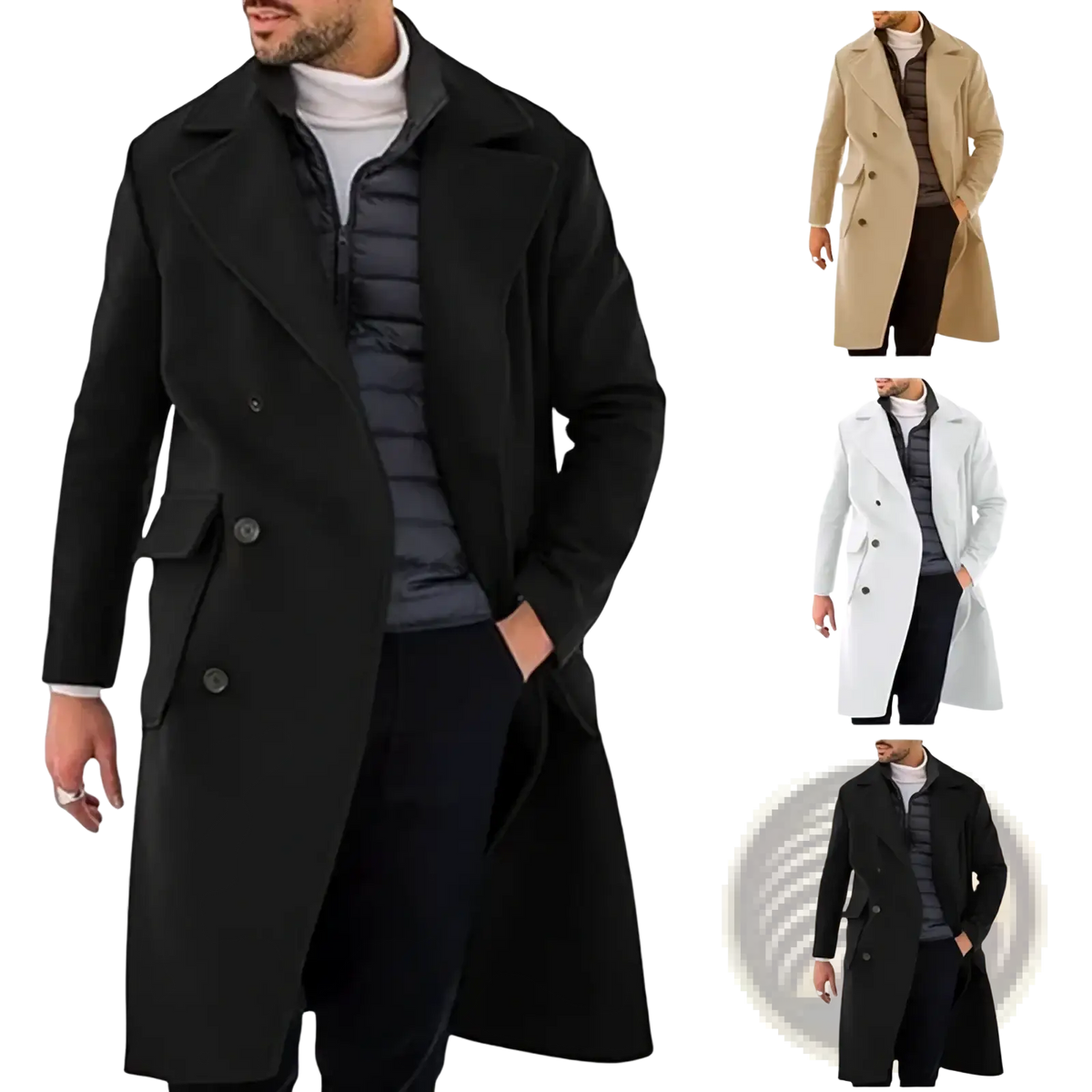 Men’s black double breasted woolen coat with classic notched collar and front pockets vintage long jacket