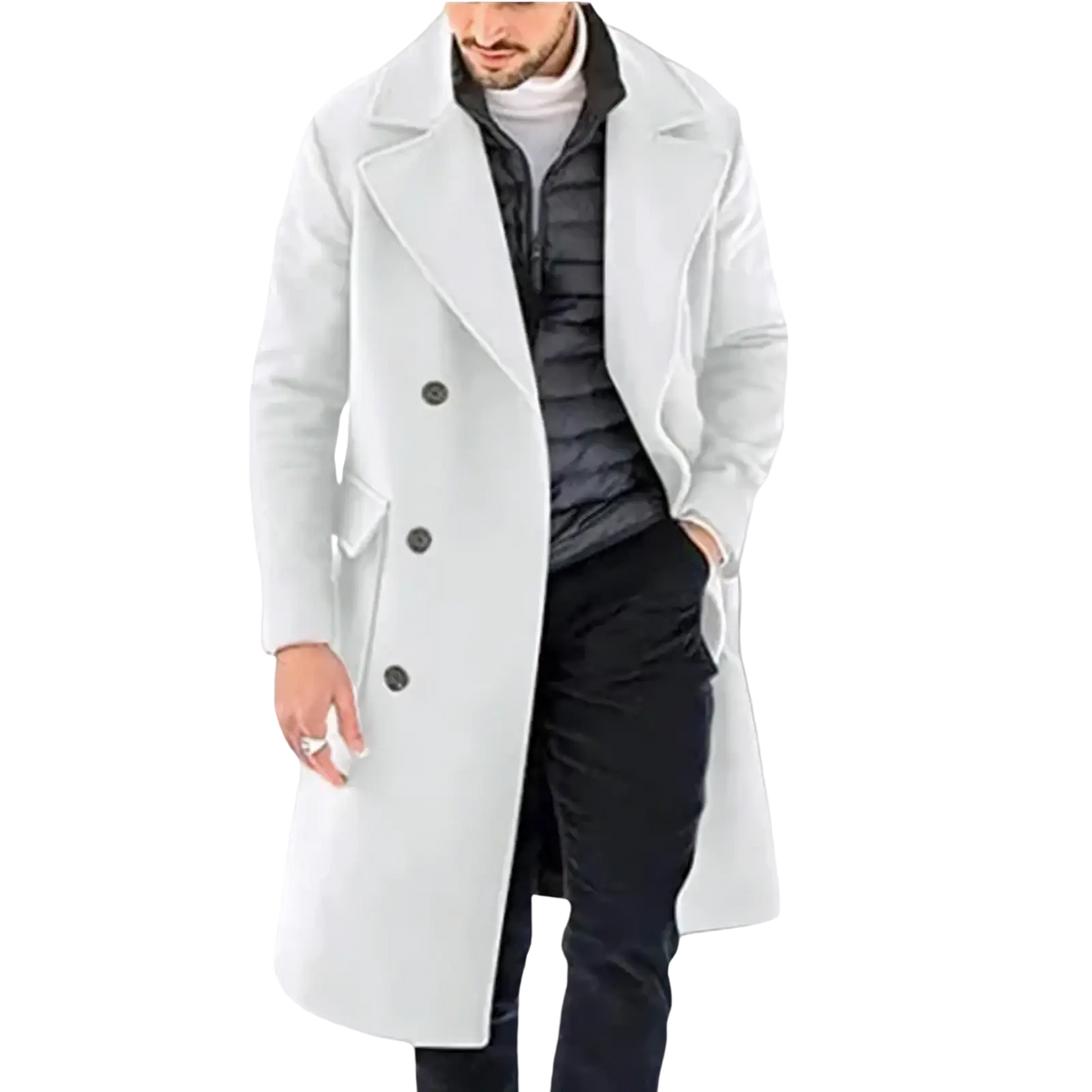 Men’s double breasted woolen coat in light gray with dark buttons featuring a classic vintage long design