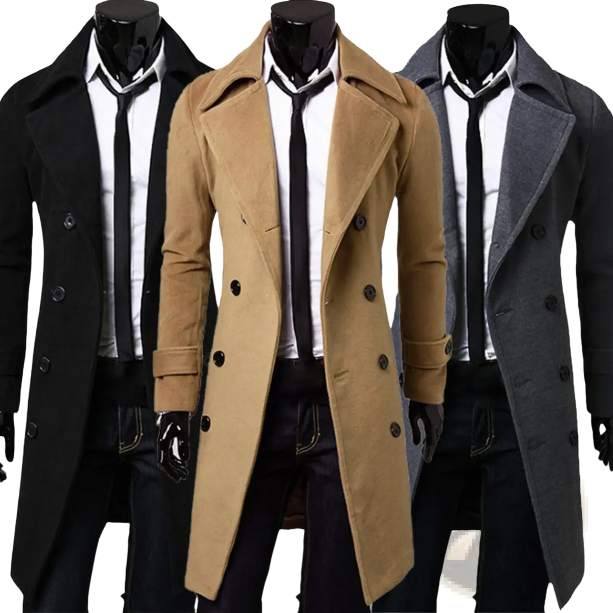 Men’s double breasted woolen trench coat in beige with black buttons and notched lapels for formal outerwear