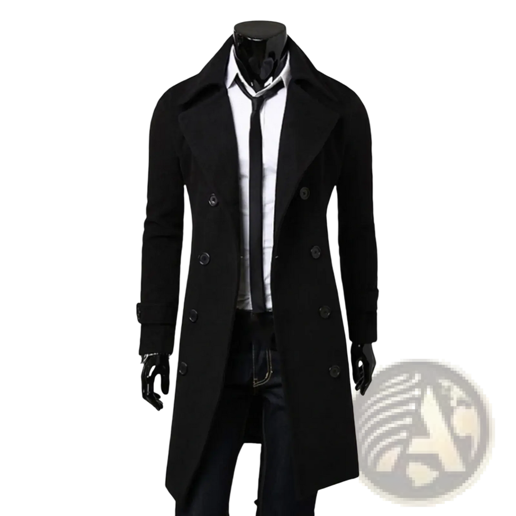 Men’s double breasted woolen trench coat in black with a notched collar and dark buttons