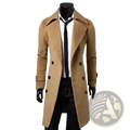 Men’s double breasted woolen trench coat in tan with black buttons and a notched collar for formal wear