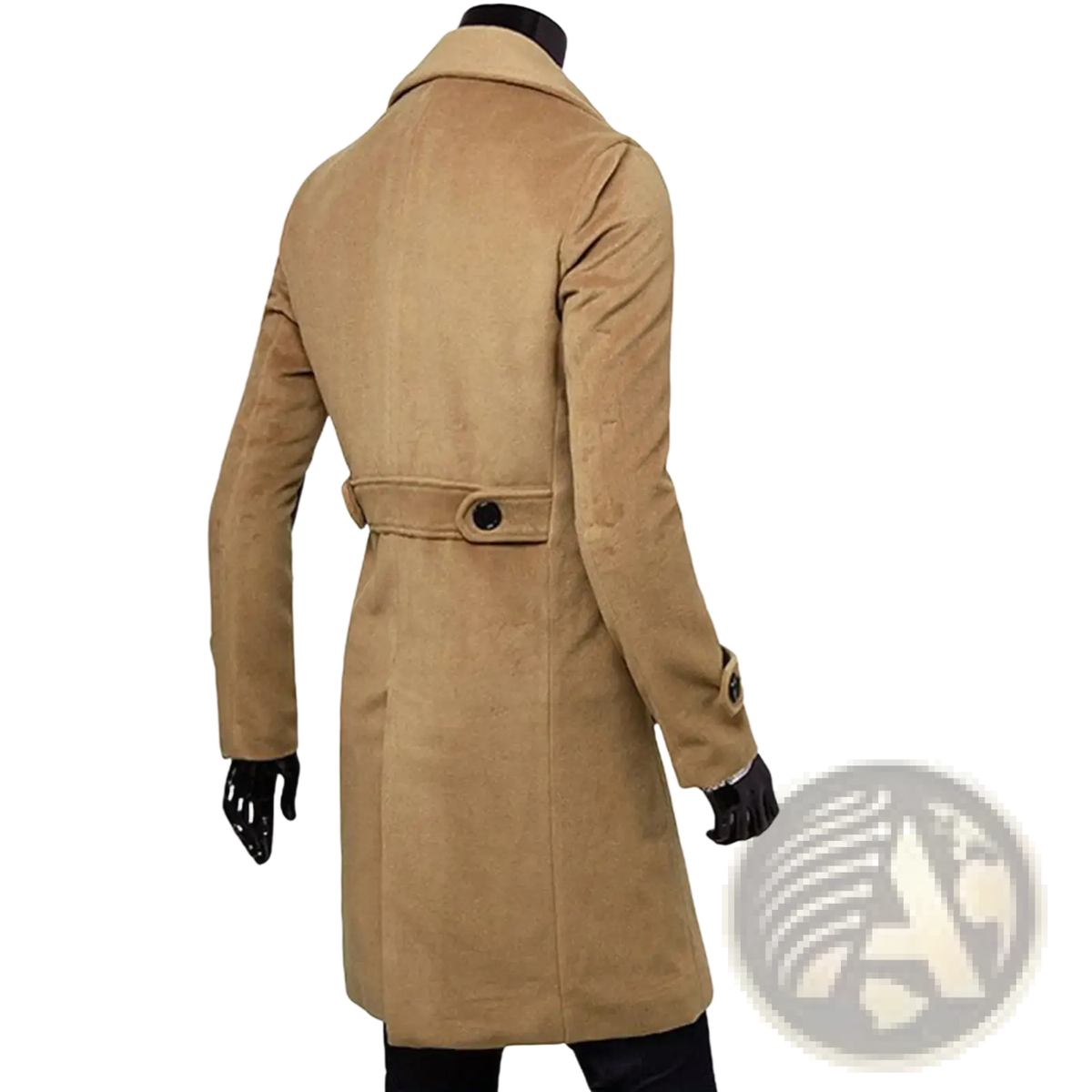 Men’s double breasted tan woolen trench coat with notched collar and black buttoned belt for formal wear