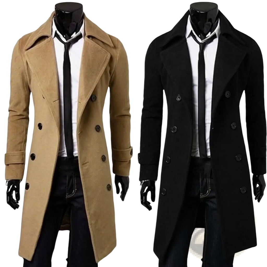 Men’s double breasted woolen trench coats in camel and black tweed with classic notched lapels and dark buttons