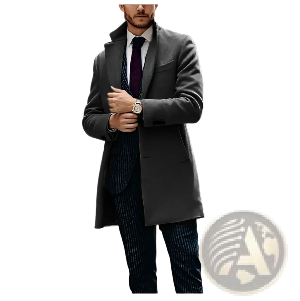 A man wearing a dark gray double sided woolen overcoat with notched lapels paired with navy pinstripe trousers and tie