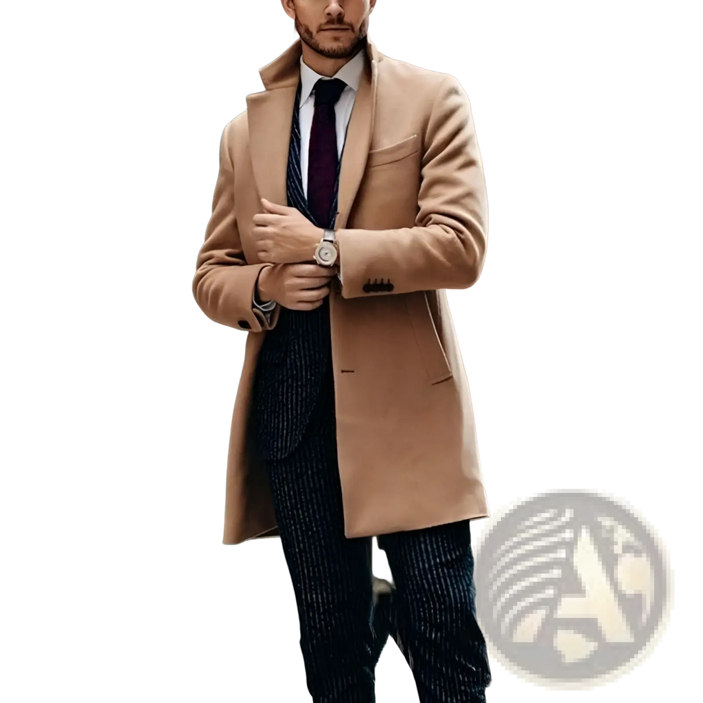 Mens double sided woolen overcoat in tan with a notched lapel and two front pockets made of wool