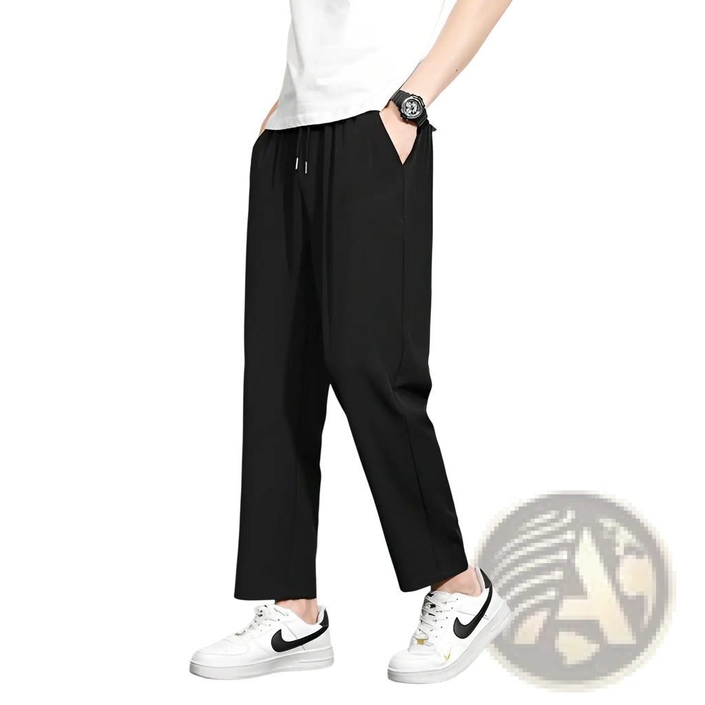 Black slim-fit tapered mens drawstring casual trousers with side pockets for comfortable everyday wear