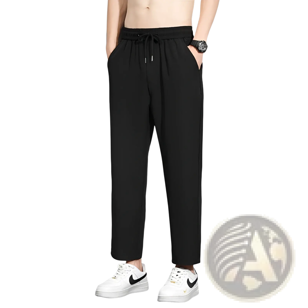 Mens black drawstring casual trousers with a relaxed tapered fit ideal for comfortable everyday wear
