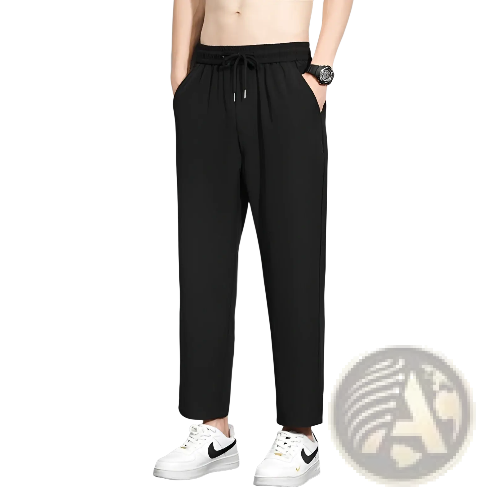 Mens black drawstring casual trousers with a relaxed tapered fit ideal for comfortable everyday wear