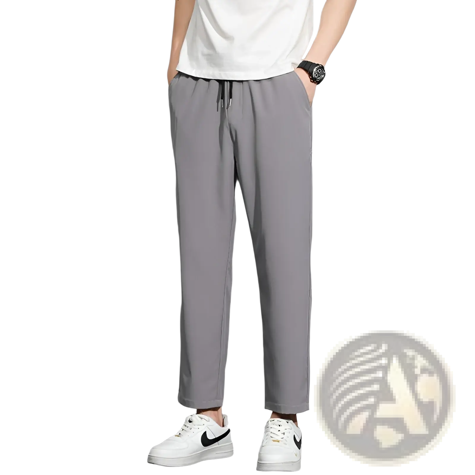 Mens drawstring casual trousers in gray slim-fit fabric with a drawstring waist and subtle side seam detailing